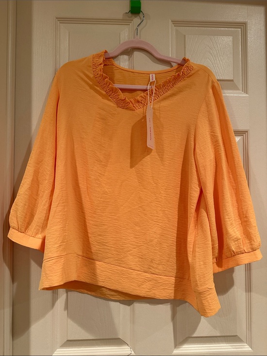 Shewin Tops - Ruffled V-Neck Lightweight Peach Sweatshirt